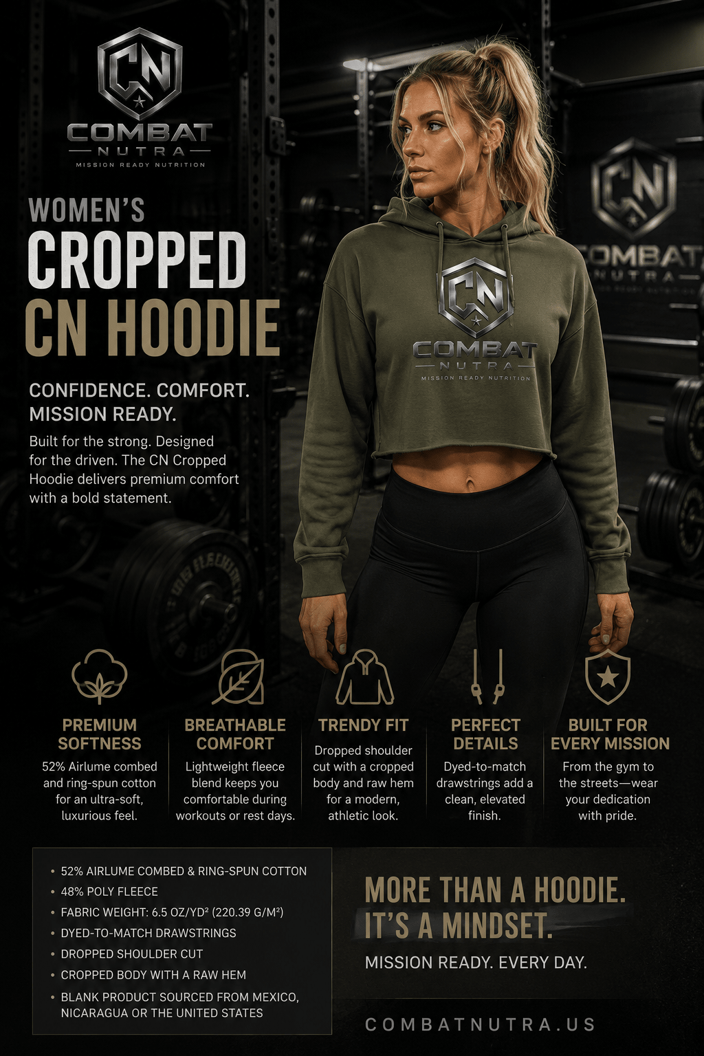 CN WOMENS BASIC MISSION Crop Hoodie - Combat Nutra